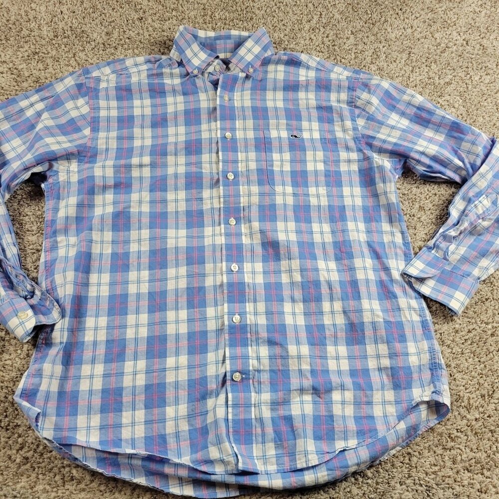 Vineyard Vines Shirt Mens Large Check Button Down Colorful Whale Preppy Tucker